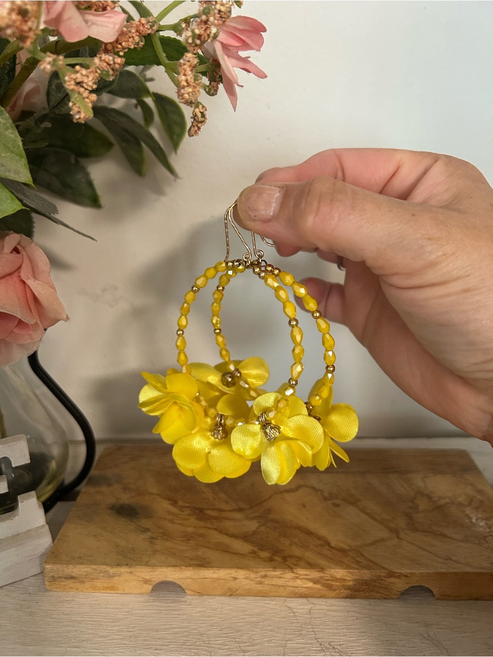 Yellow Floral Hoop Earrings - Women Jewelry